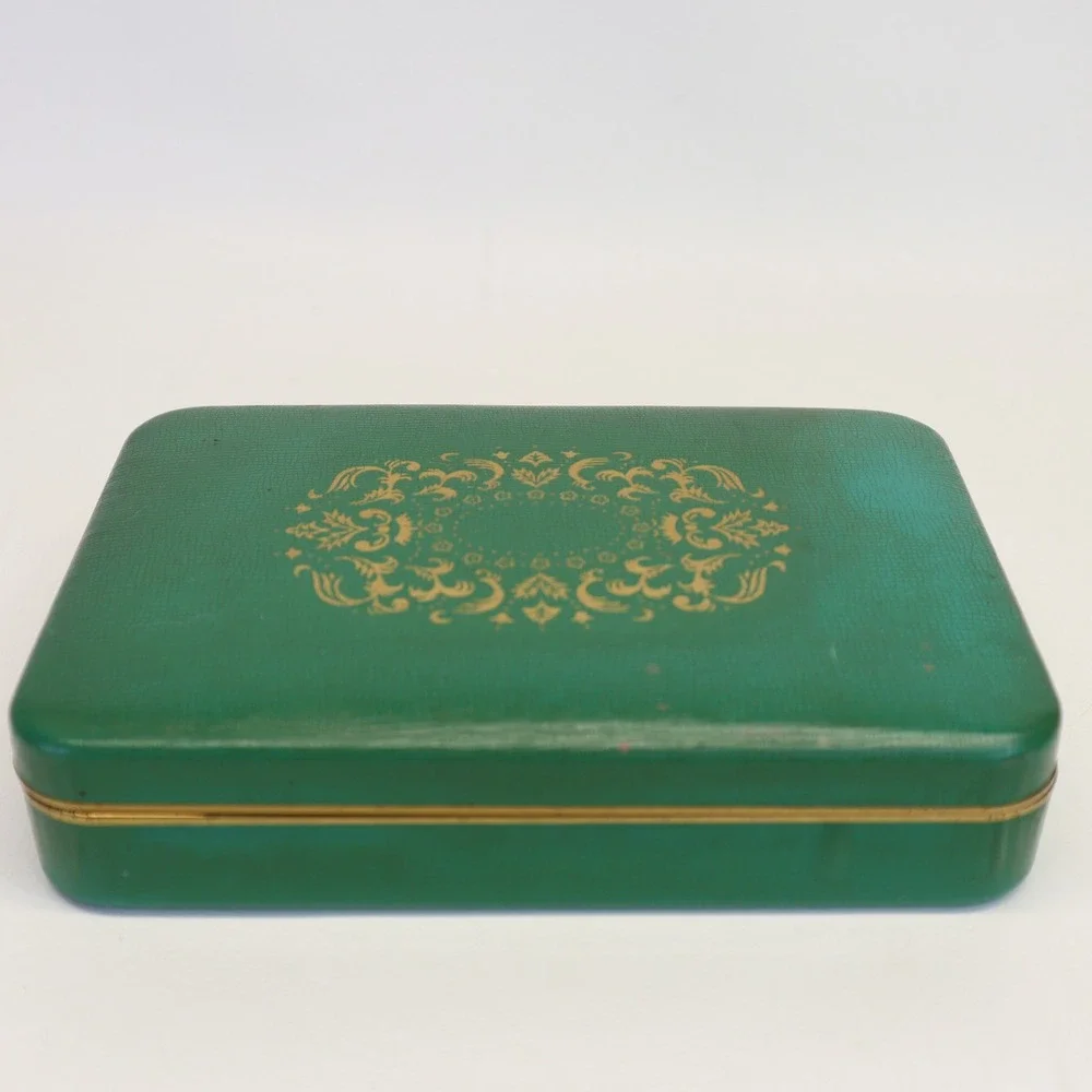 Farrington Vintage Jewelry Box Green Texol Gold Filigree Mid Century Trinket